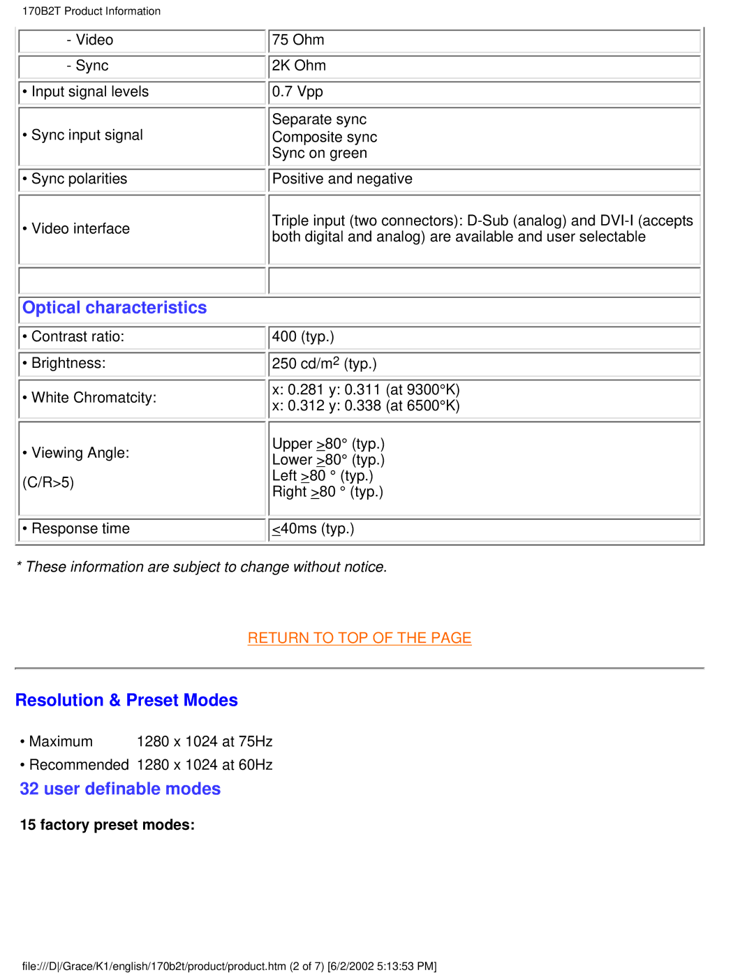 Philips 170B2T user manual Optical characteristics, Resolution & Preset Modes 