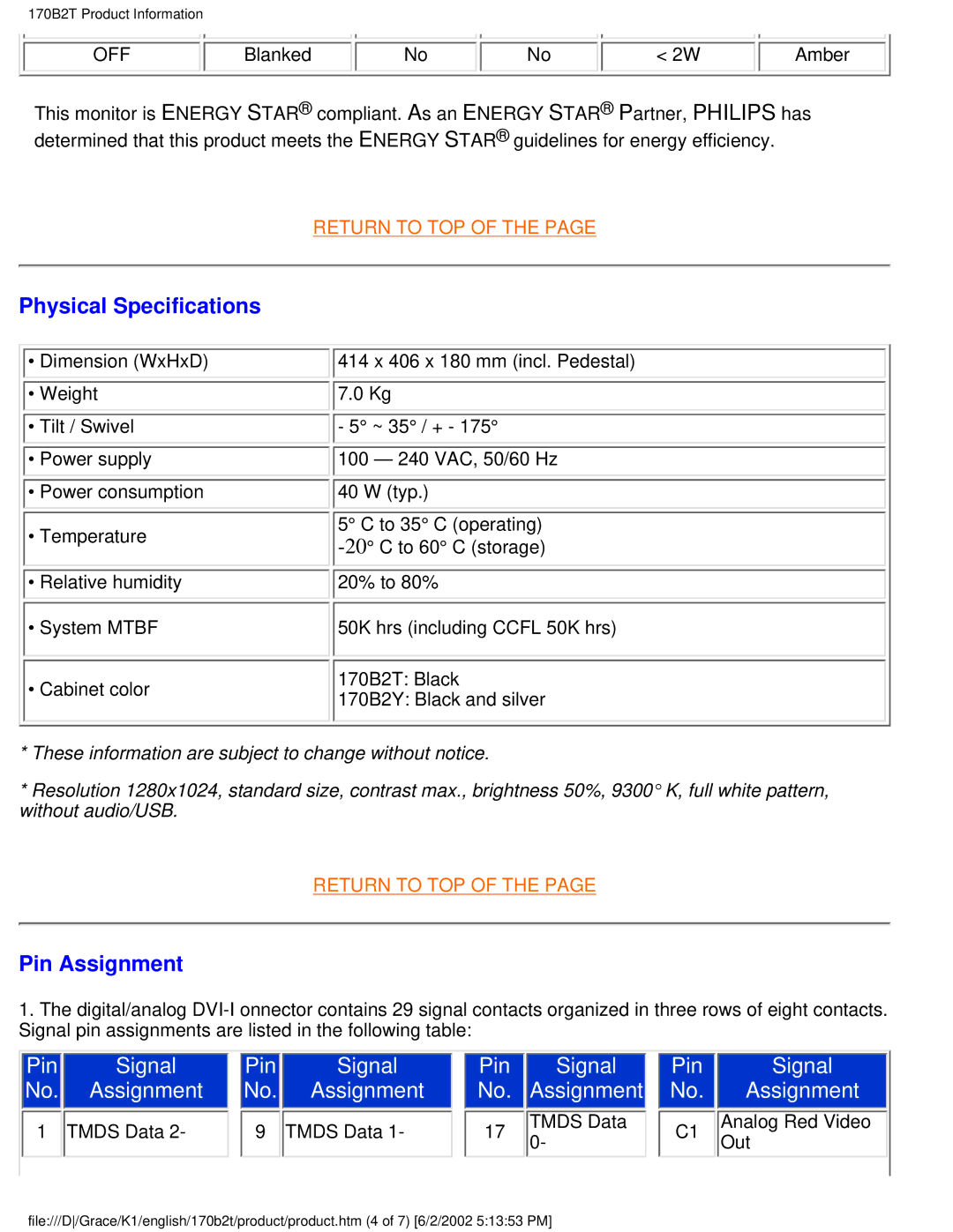 Philips 170B2T user manual Physical Specifications, Pin Assignment 