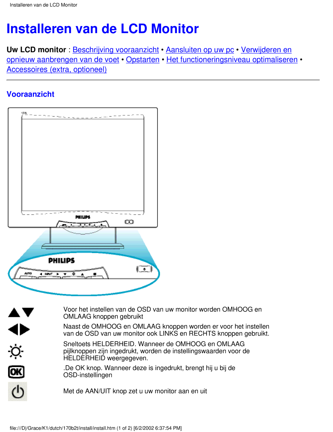 Philips 170B2T user manual Installeren van de LCD Monitor, Vooraanzicht 