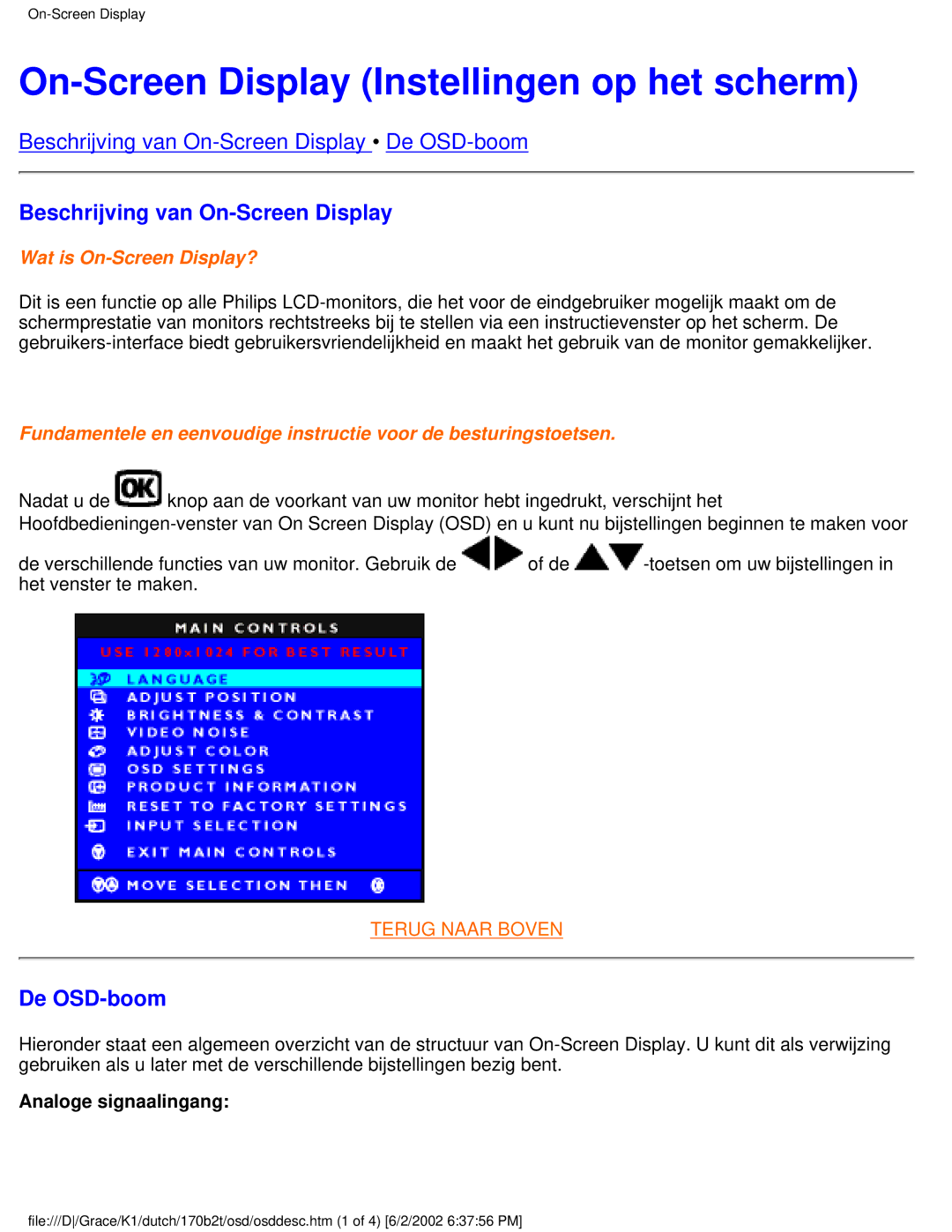 Philips 170B2T user manual On-Screen Display Instellingen op het scherm, Beschrijving van On-Screen Display, De OSD-boom 