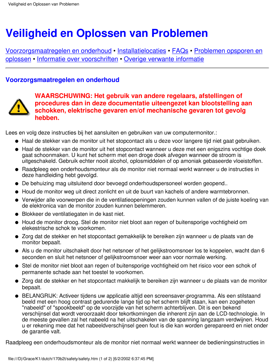 Philips 170B2T user manual Veiligheid en Oplossen van Problemen, Voorzorgsmaatregelen en onderhoud 