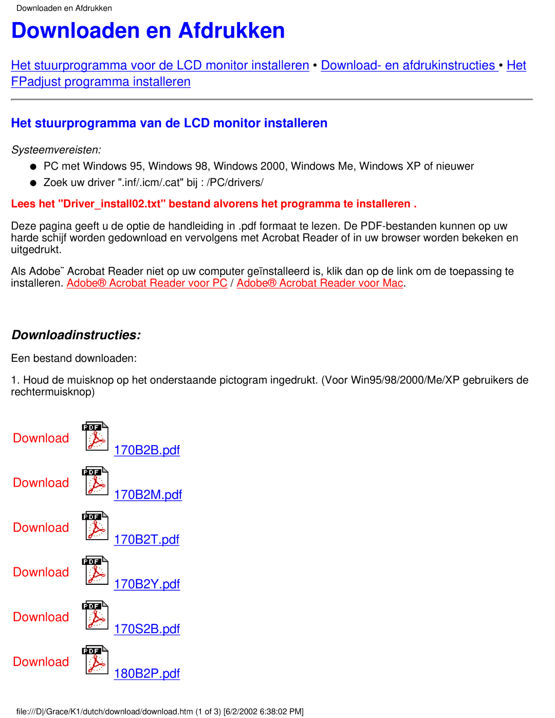 Philips 170B2T user manual Downloaden en Afdrukken, Het stuurprogramma van de LCD monitor installeren 