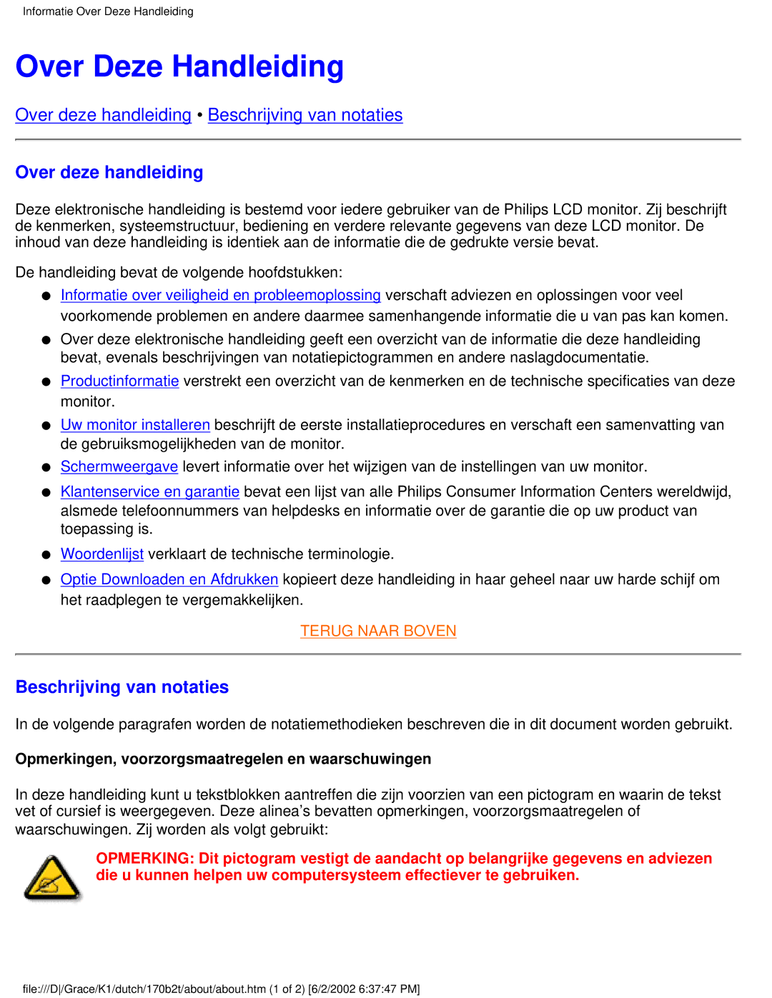 Philips 170B2T user manual Over Deze Handleiding, Over deze handleiding, Beschrijving van notaties 