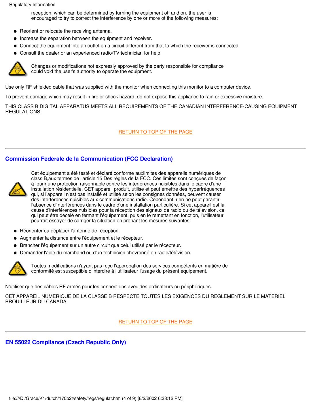 Philips 170B2T user manual Commission Federale de la Communication FCC Declaration 