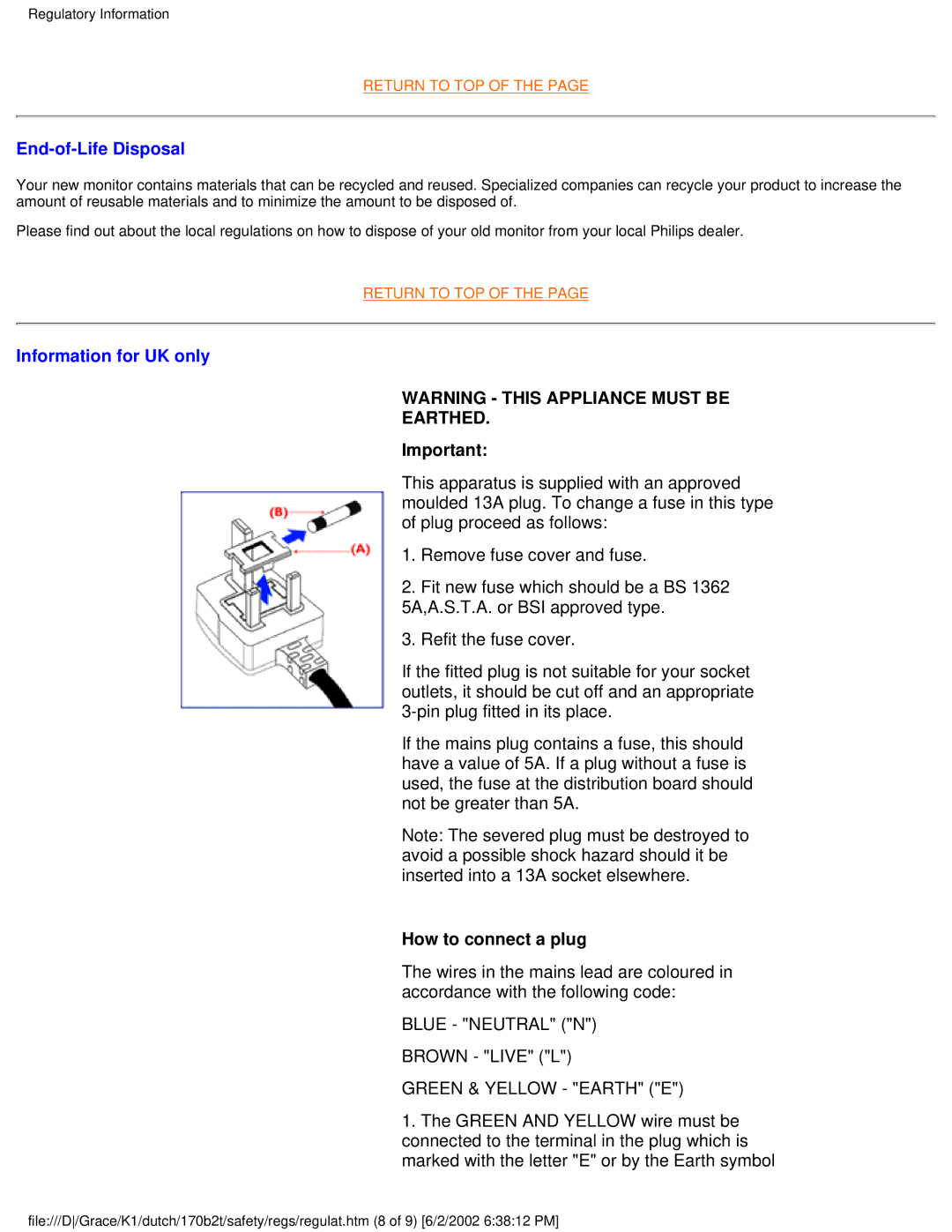 Philips 170B2T user manual Earthed 