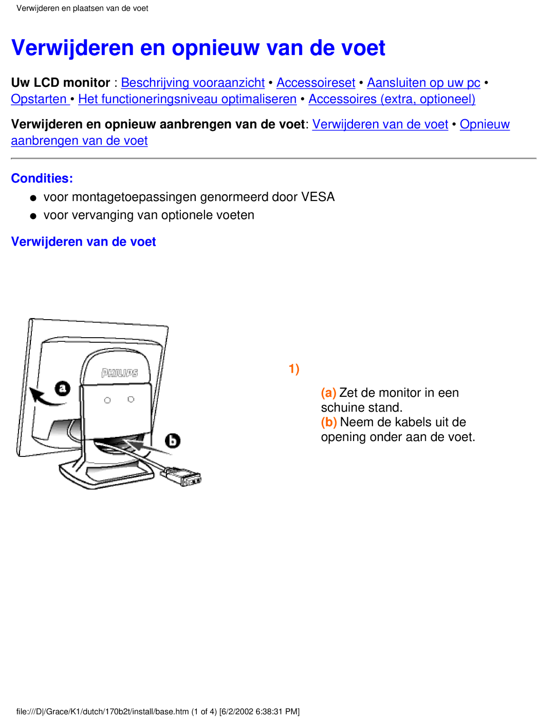 Philips 170B2T user manual Verwijderen en opnieuw van de voet, Condities, Verwijderen van de voet 