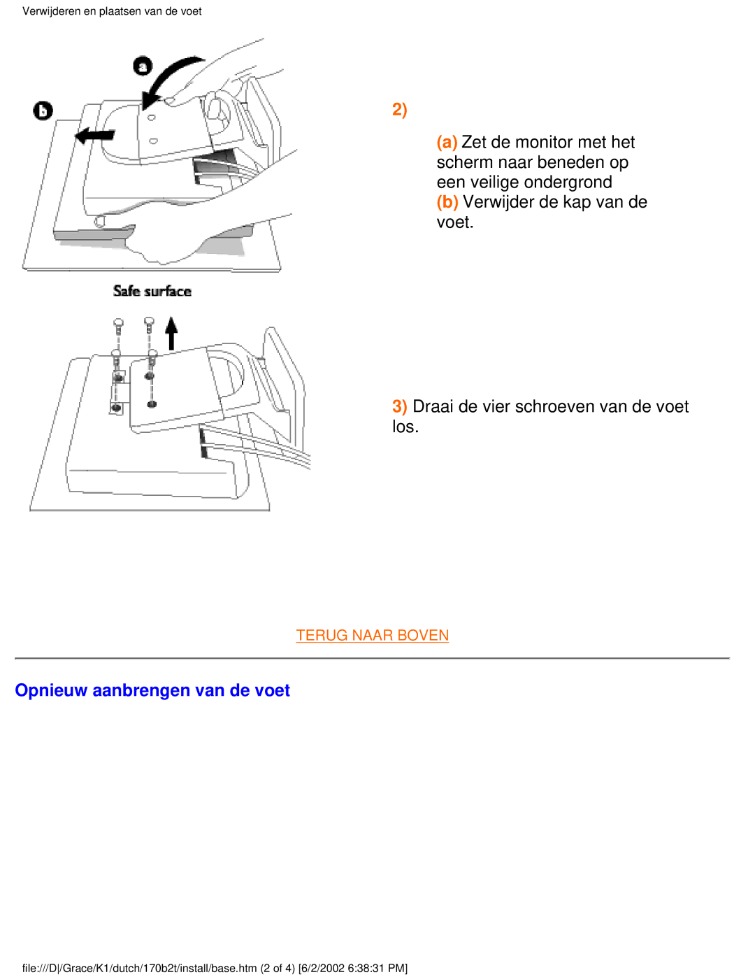 Philips 170B2T user manual Opnieuw aanbrengen van de voet 