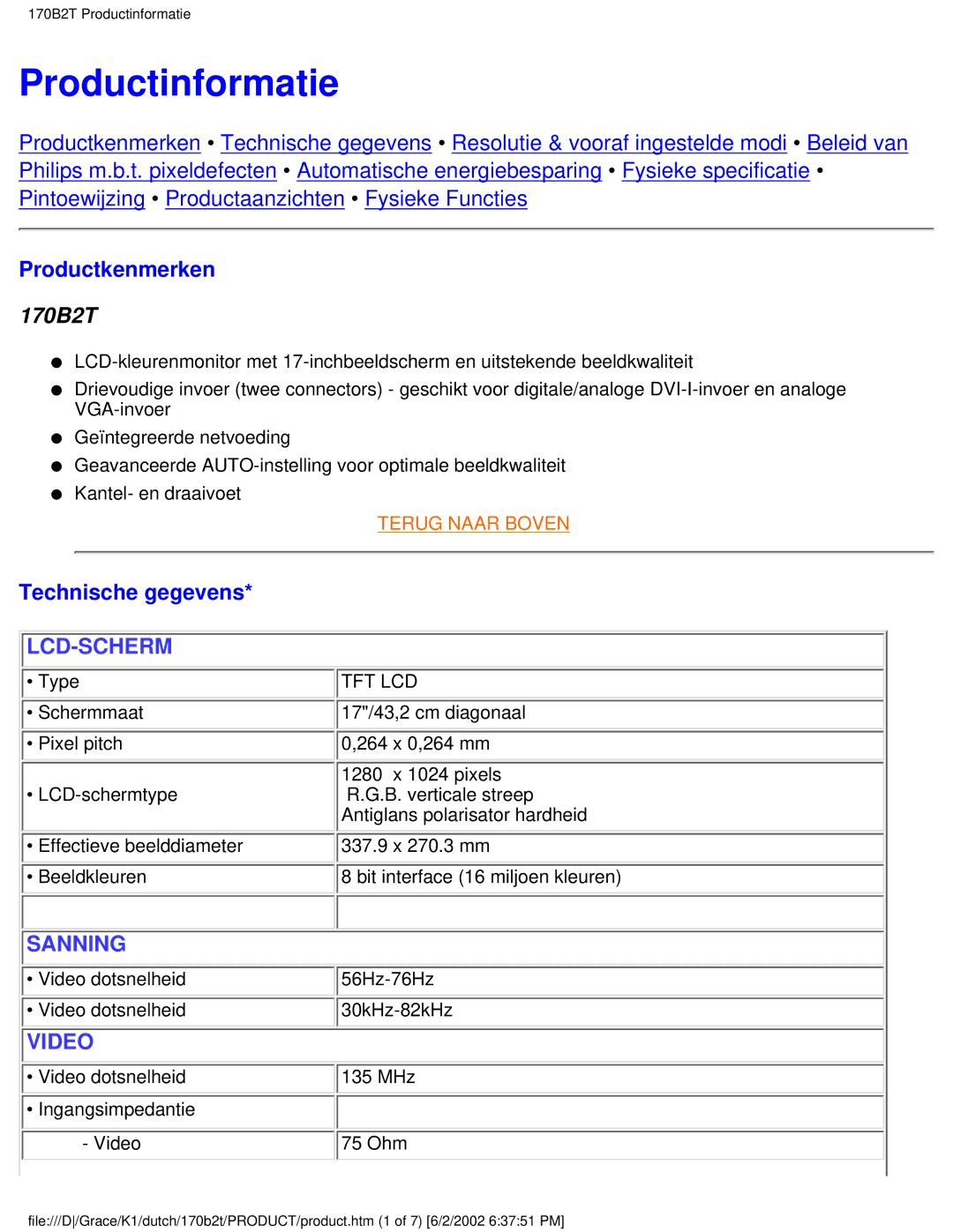 Philips 170B2T user manual Productinformatie, Productkenmerken, Technische gegevens 