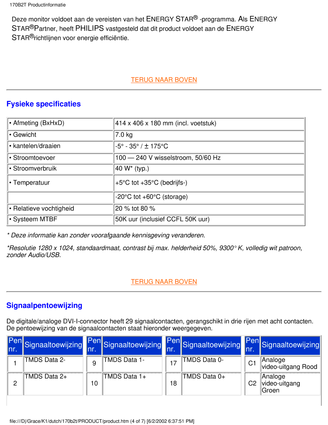 Philips 170B2T user manual Fysieke specificaties, Signaalpentoewijzing 