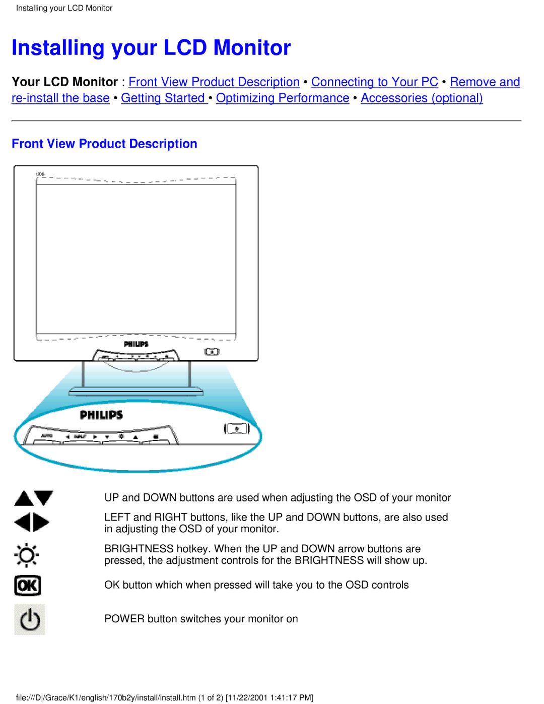 Philips 170B2Y user manual Installing your LCD Monitor, Front View Product Description 