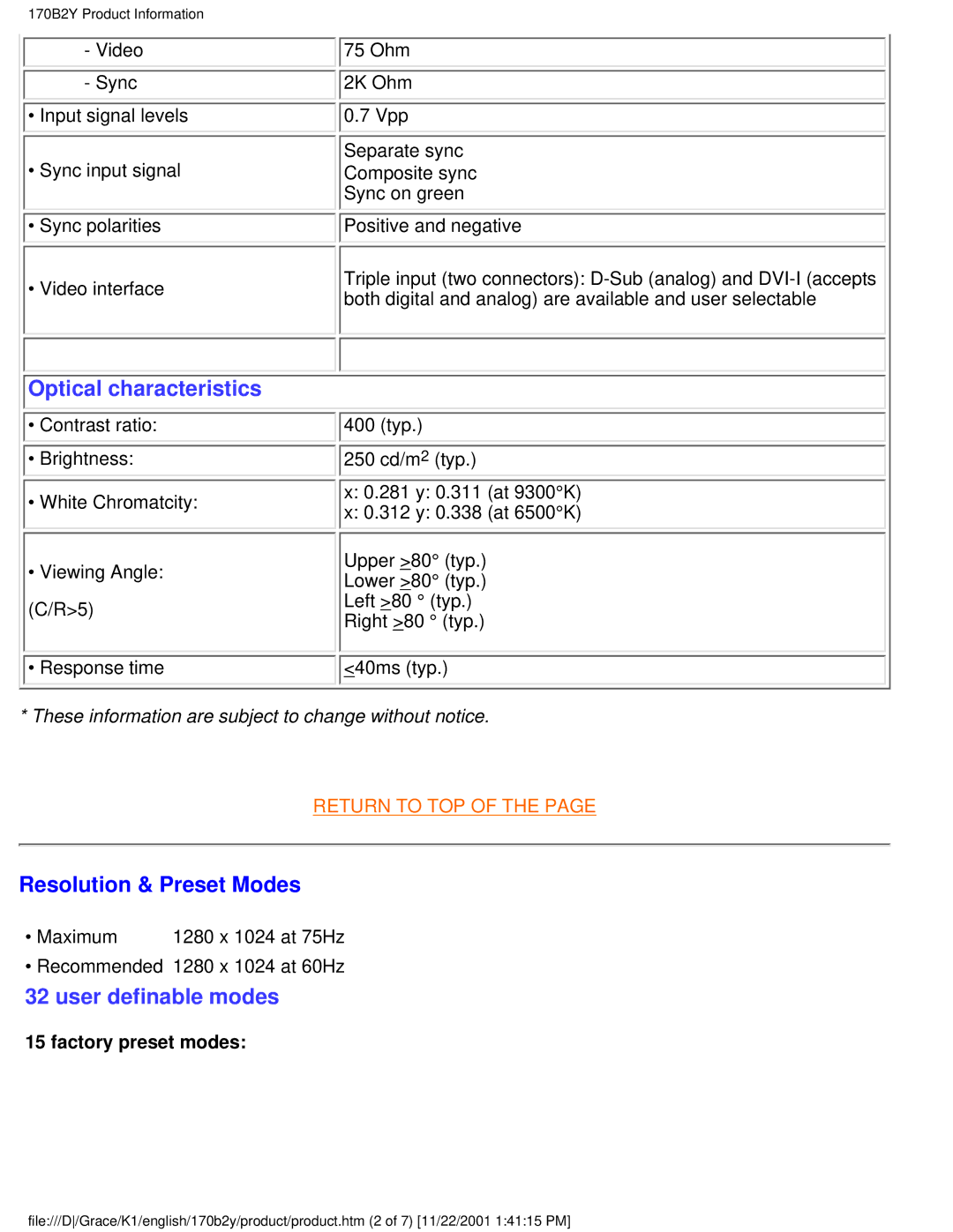 Philips 170B2Y user manual Optical characteristics, Resolution & Preset Modes 