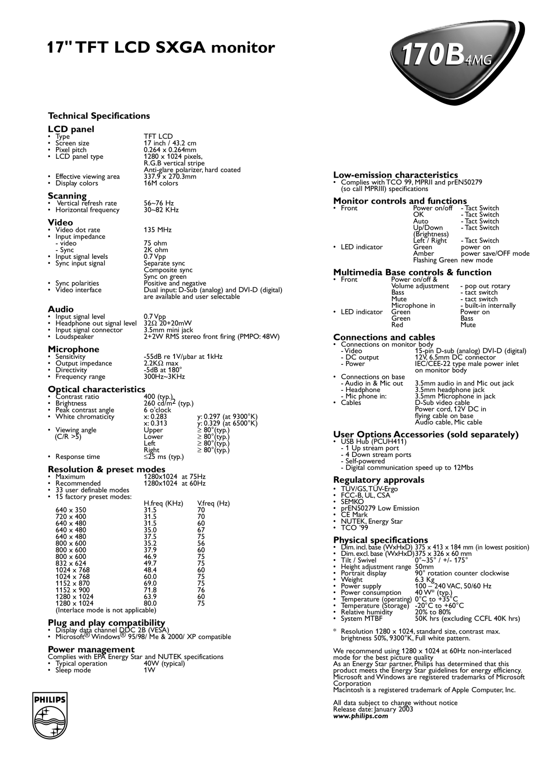 Philips 170B4MG manual Technical Specifications LCD panel, Scanning, Video, Audio, Microphone, Optical characteristics 