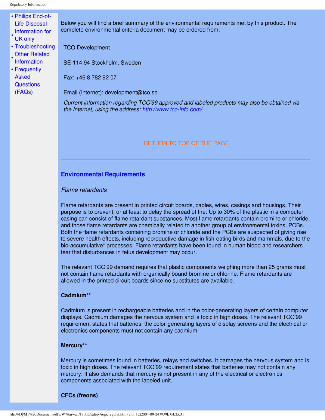 Philips 170B5 user manual Environmental Requirements, Flame retardants 