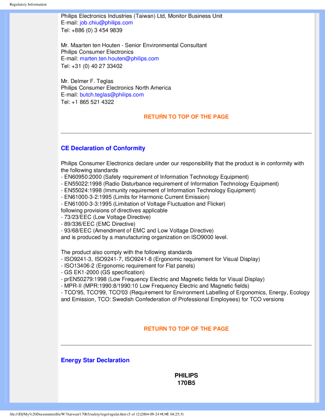 Philips 170B5 user manual CE Declaration of Conformity, Energy Star Declaration 