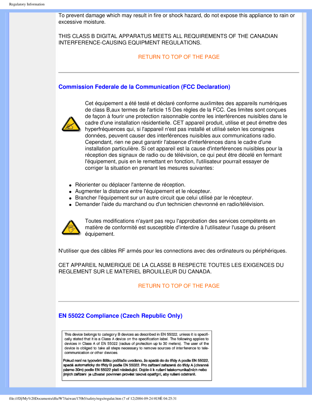 Philips 170B5 user manual Commission Federale de la Communication FCC Declaration, EN 55022 Compliance Czech Republic Only 