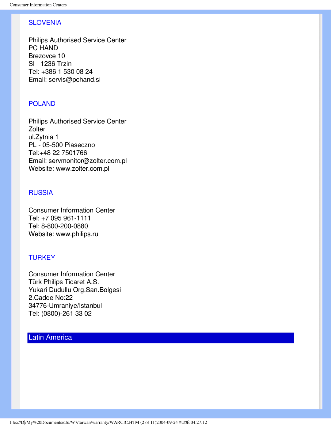 Philips 170B5 user manual Slovenia, Poland, Russia, Turkey 