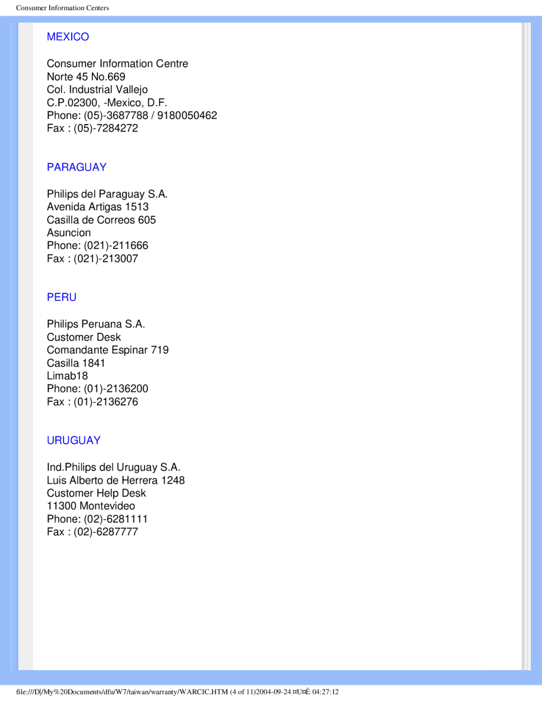 Philips 170B5 user manual Mexico, Paraguay, Peru, Uruguay 