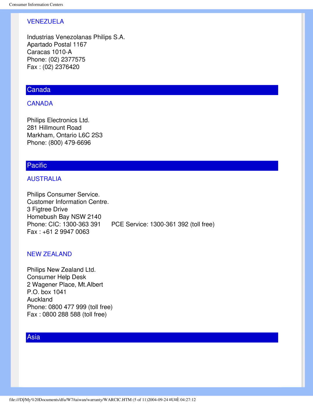 Philips 170B5 user manual Venezuela, Canada, Australia, NEW Zealand 