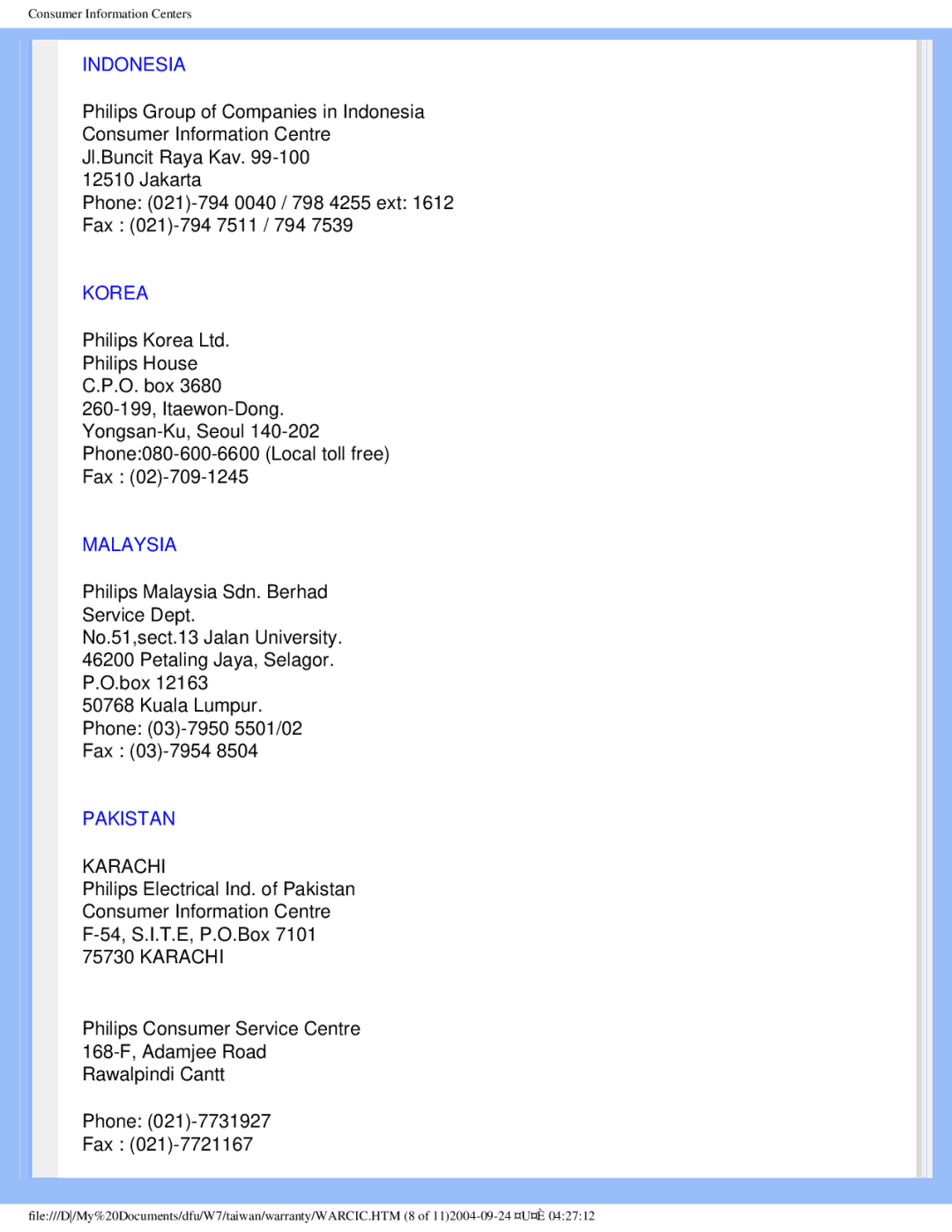 Philips 170B5 user manual Indonesia, Korea, Malaysia, Pakistan 