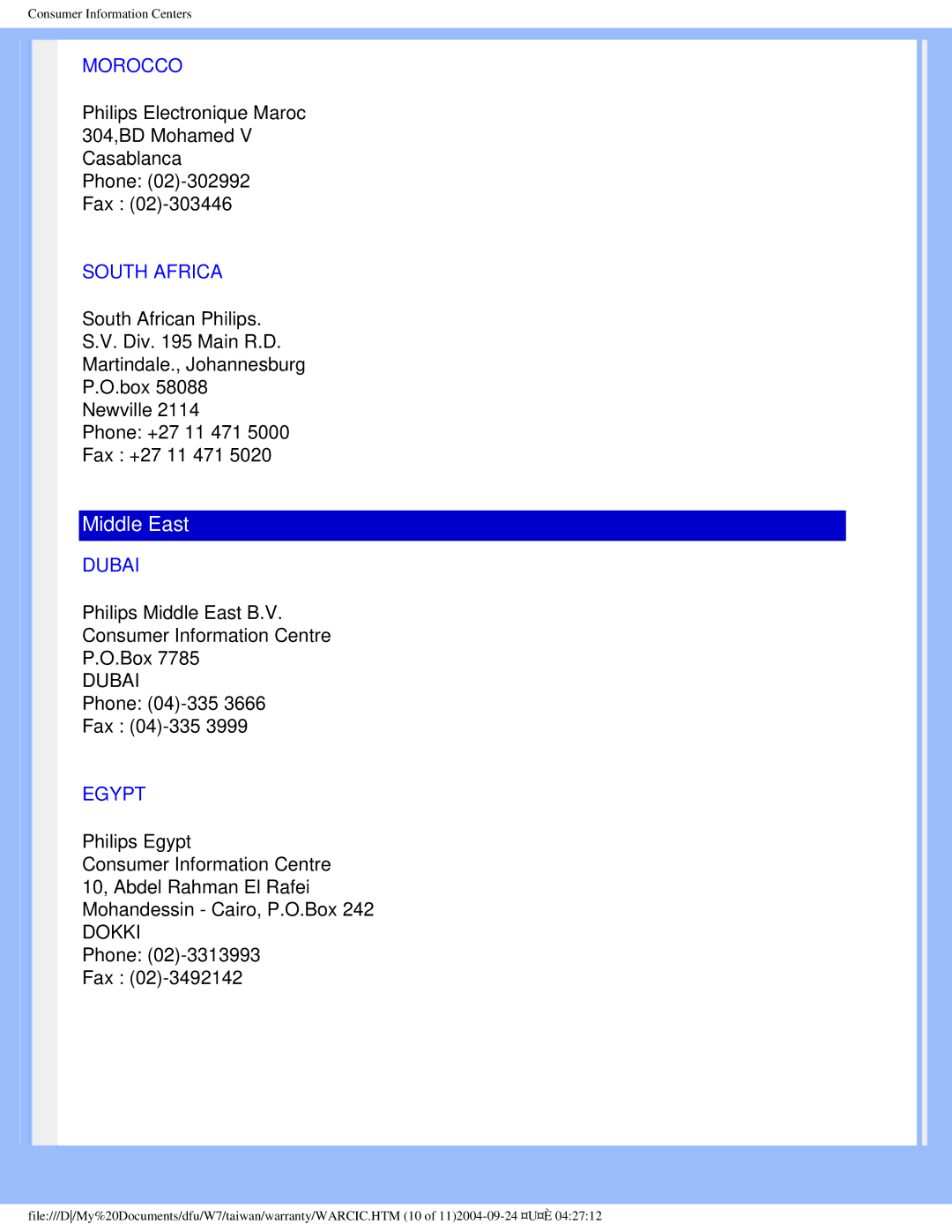 Philips 170B5 user manual Morocco, South Africa, Dubai, Egypt 