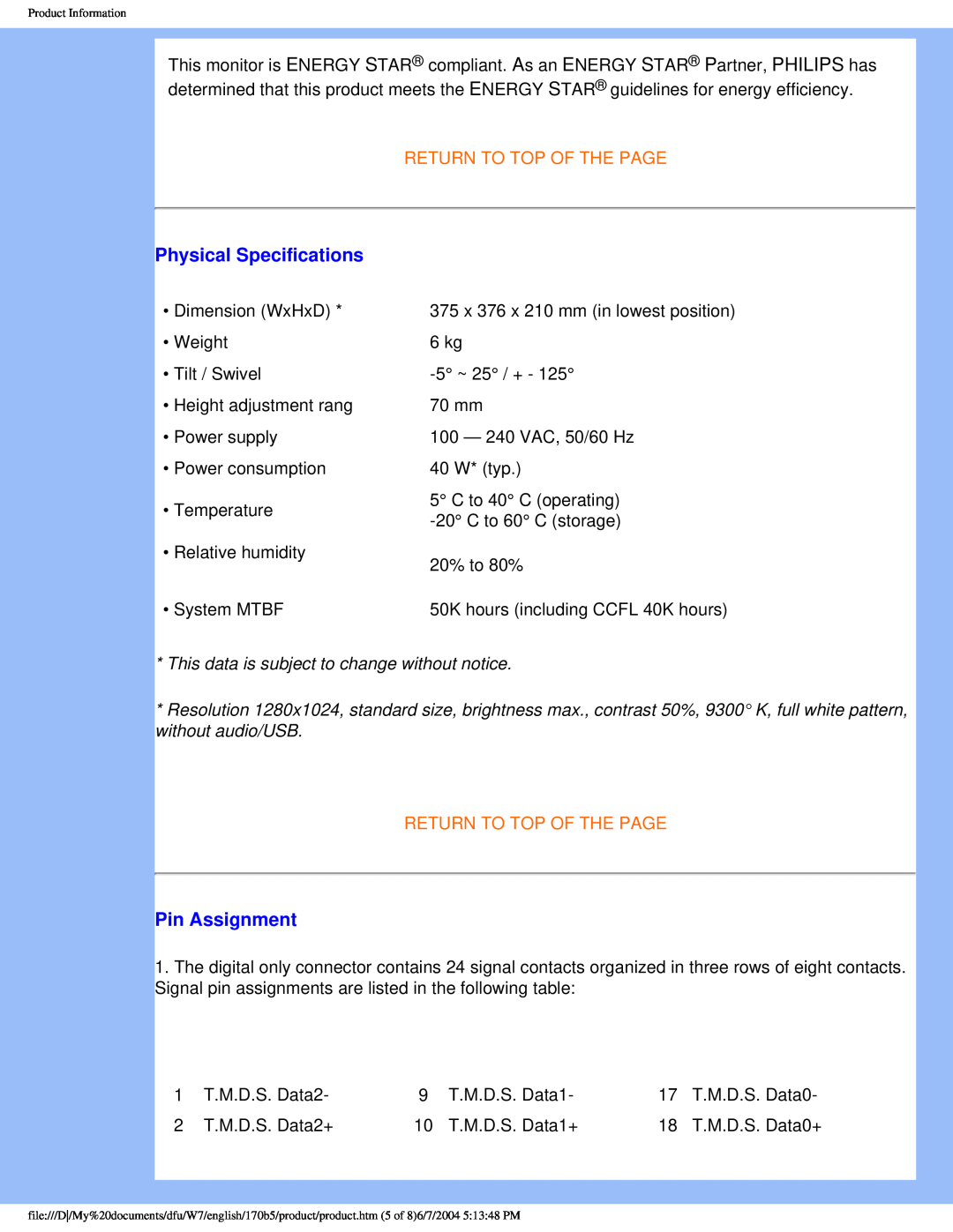 Philips 170B5 user manual Physical Specifications, Pin Assignment, Signal 