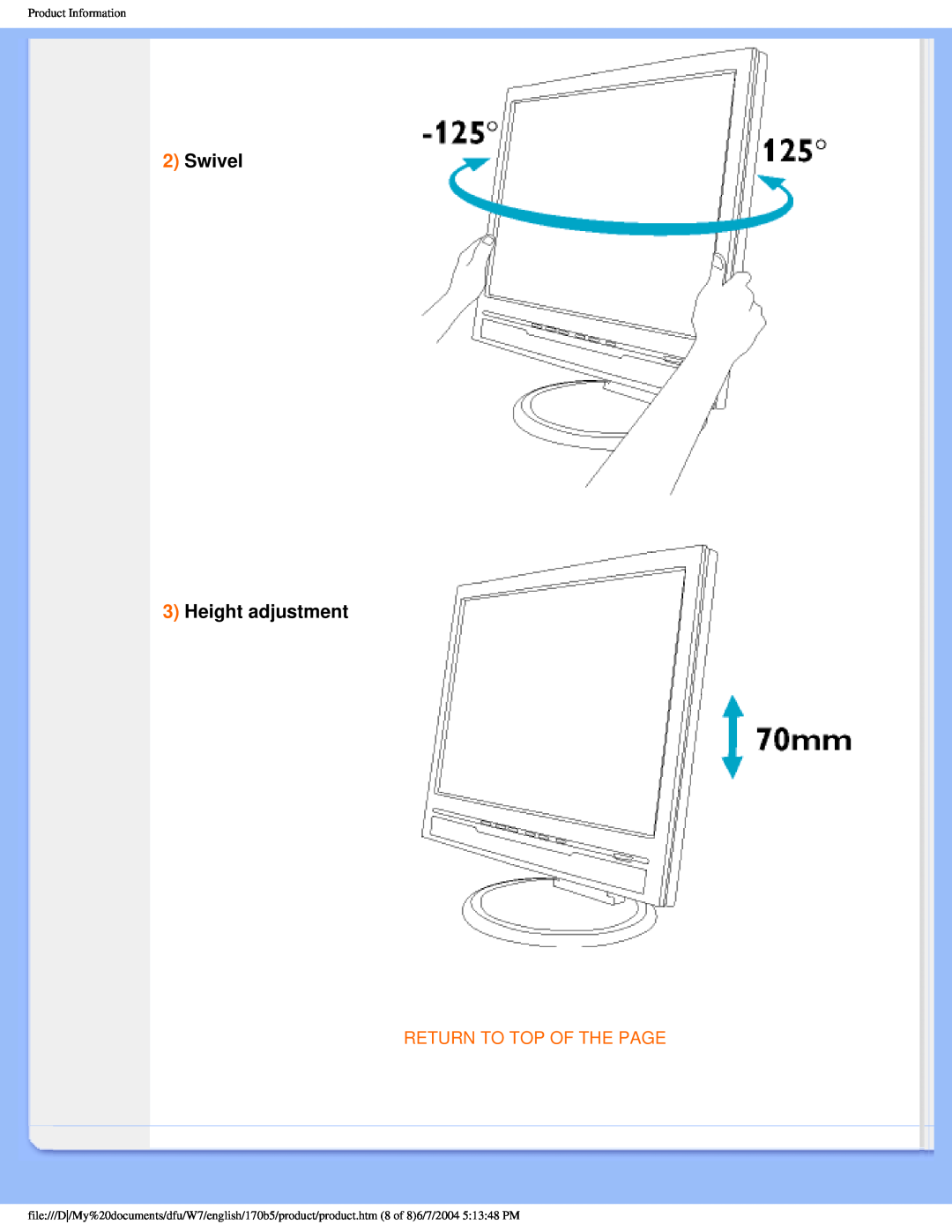 Philips 170B5 user manual 2Swivel 3Height adjustment, Return To Top Of The Page, Product Information 