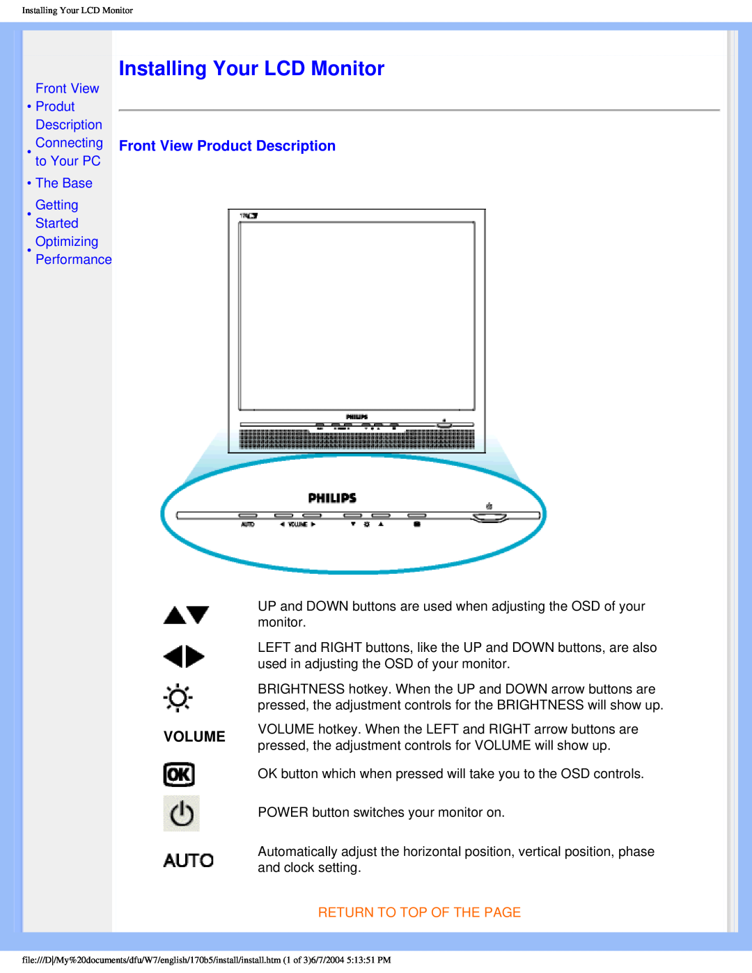 Philips 170B5 Installing Your LCD Monitor, Front View Product Description, Volume, Front View Produt Description 