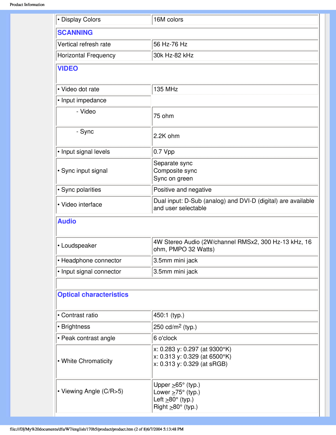 Philips 170B5 user manual Scanning, Video, Audio, Optical characteristics 