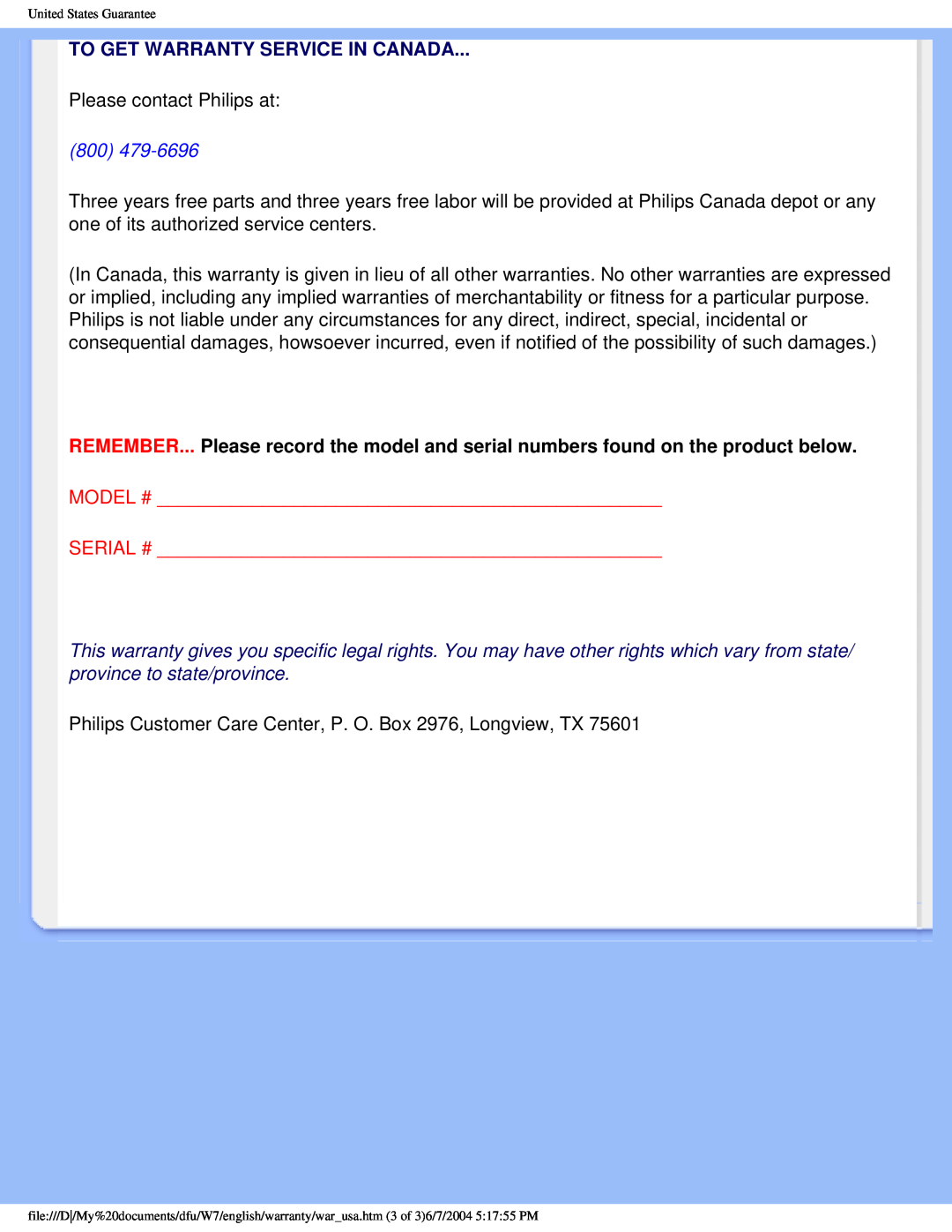 Philips 170B5 user manual To Get Warranty Service In Canada 