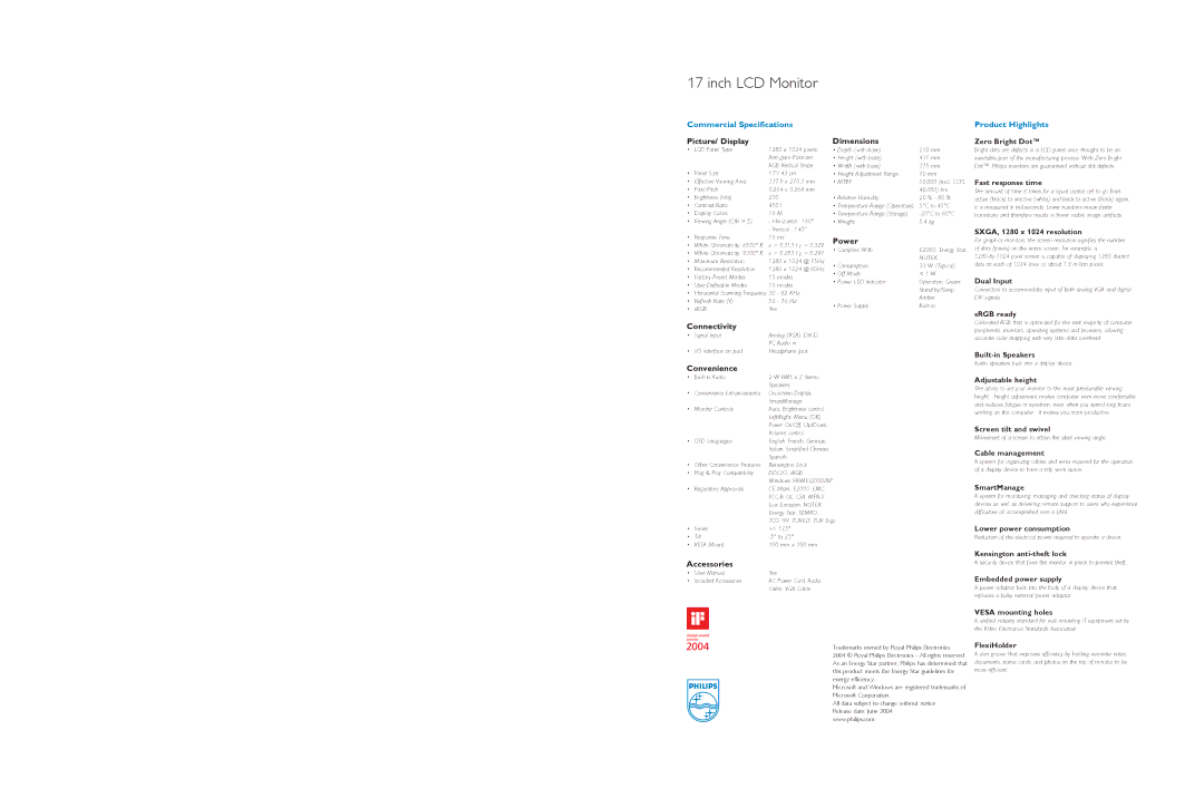 Philips 170B5CB specifications Picture/ Display, Dimensions, Power, Connectivity, Convenience, Accessories 