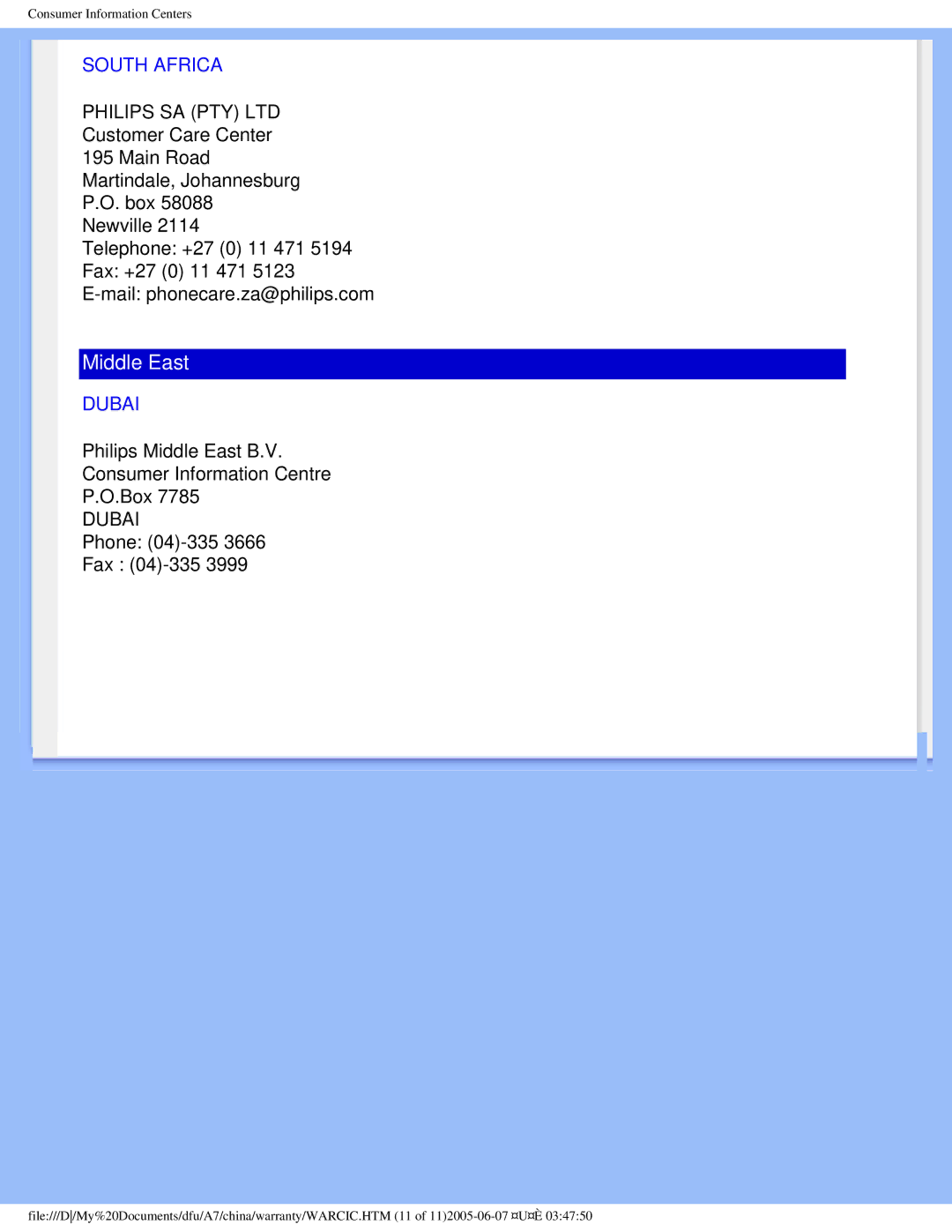 Philips 170B6 user manual South Africa, Dubai 