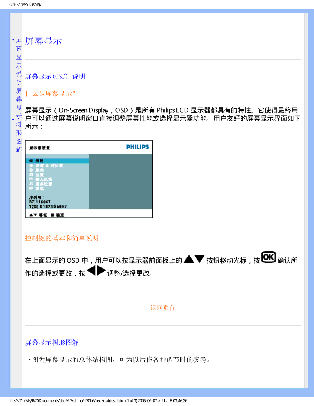 Philips 170B6 user manual 屏幕显示osd 说明, 屏幕显示树形图解 