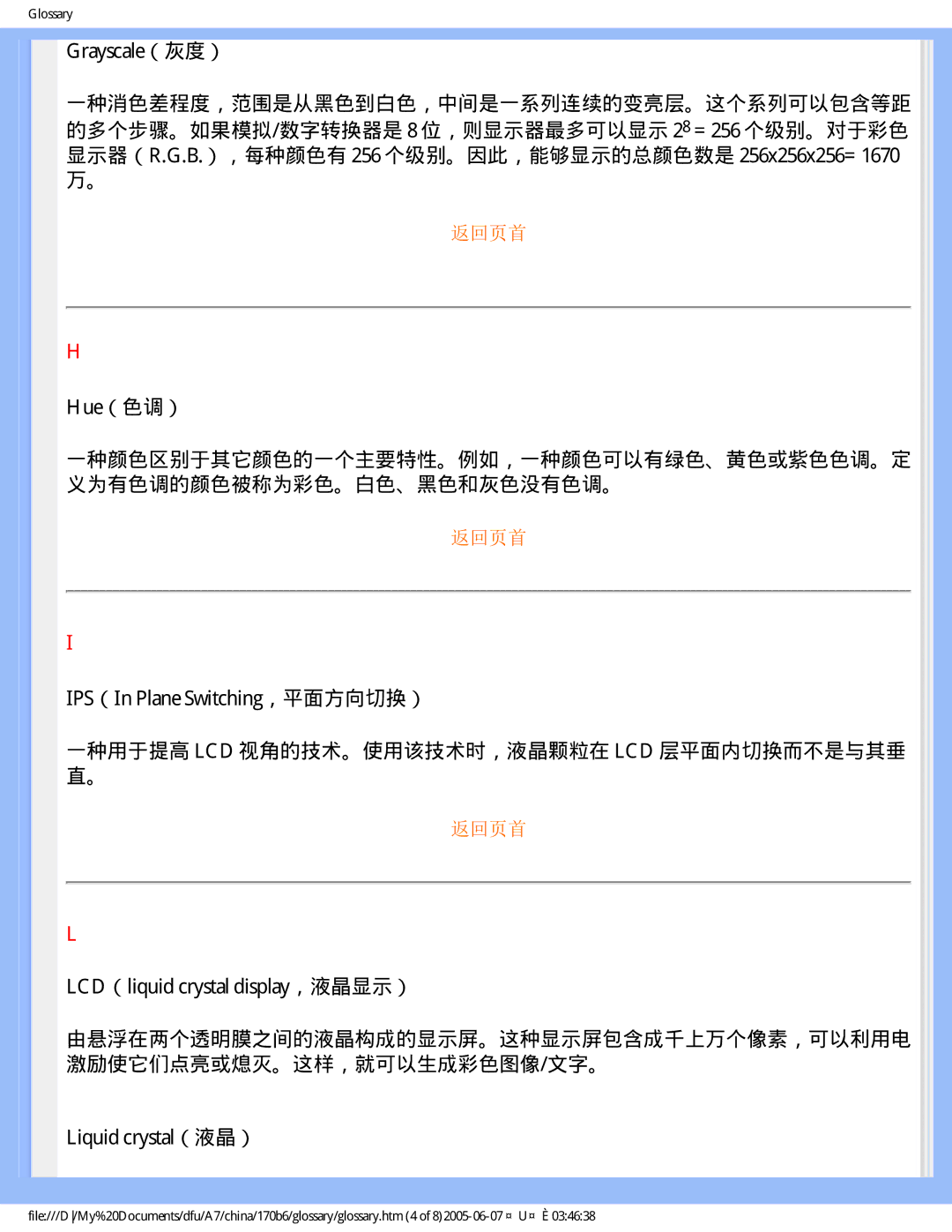 Philips 170B6 user manual Grayscale（灰度）, Hue（色调）, LCD（liquid crystal display，液晶显示）, Liquid crystal（液晶） 