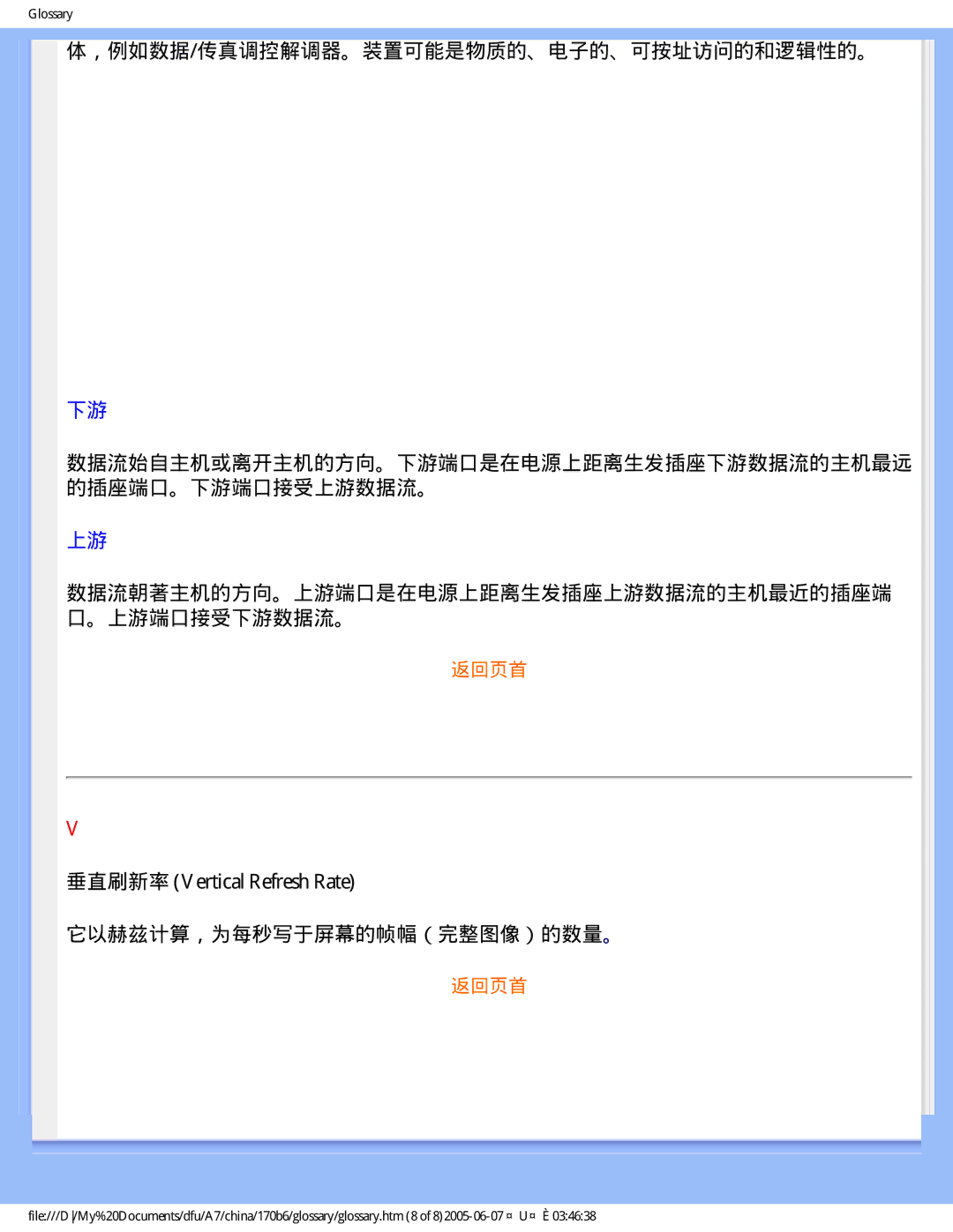 Philips 170B6 user manual ，例如数据/传真调控解调器。装置可能是物质的、电子的、可按址访问的和逻辑性的。, 垂直刷新率 Vertical Refresh Rate 它以赫兹计算，为每秒写于屏幕的帧幅（完整图像）的数量。 