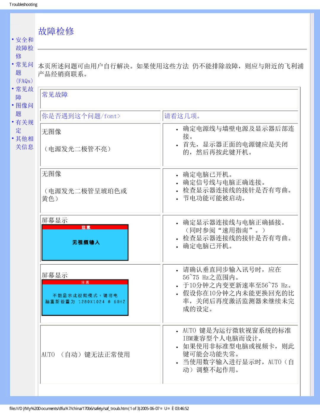 Philips 170B6 user manual 故障检修, 常见故障 