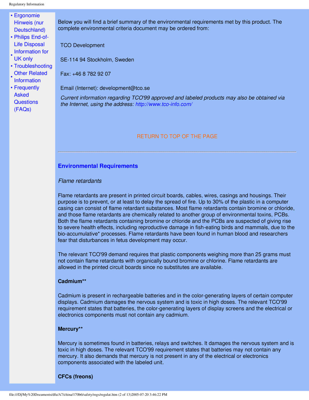 Philips 170B6 user manual Environmental Requirements, Flame retardants 