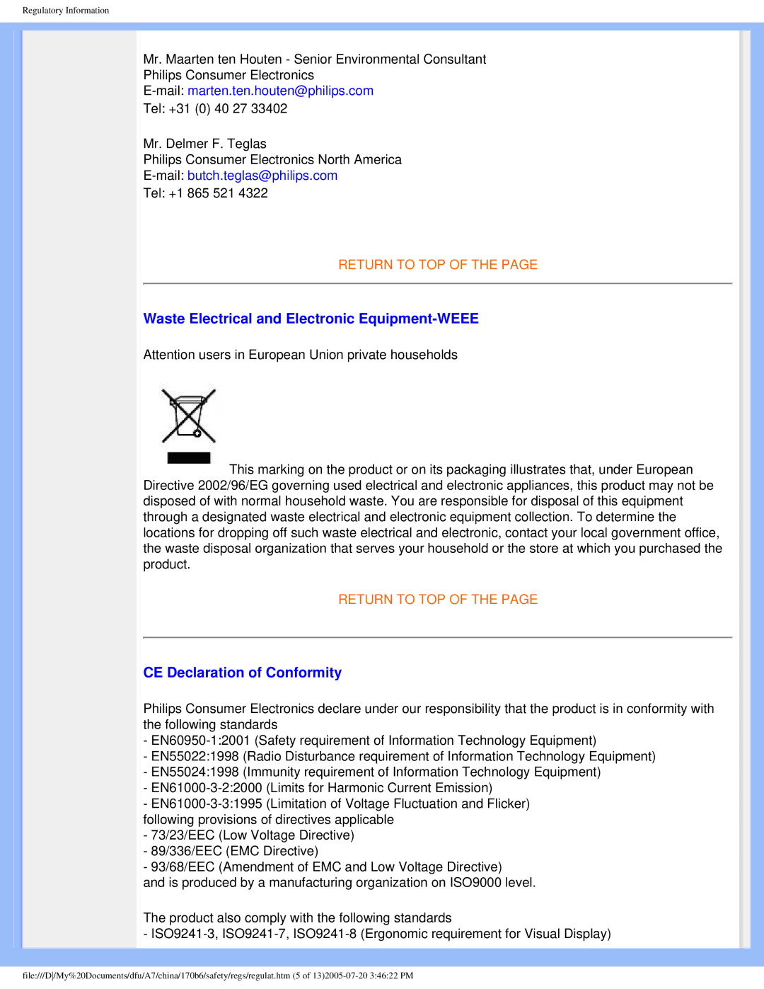 Philips 170B6 user manual Waste Electrical and Electronic Equipment-WEEE, CE Declaration of Conformity 