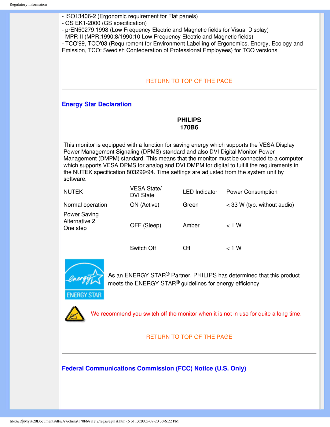 Philips 170B6 user manual Energy Star Declaration, Federal Communications Commission FCC Notice U.S. Only 