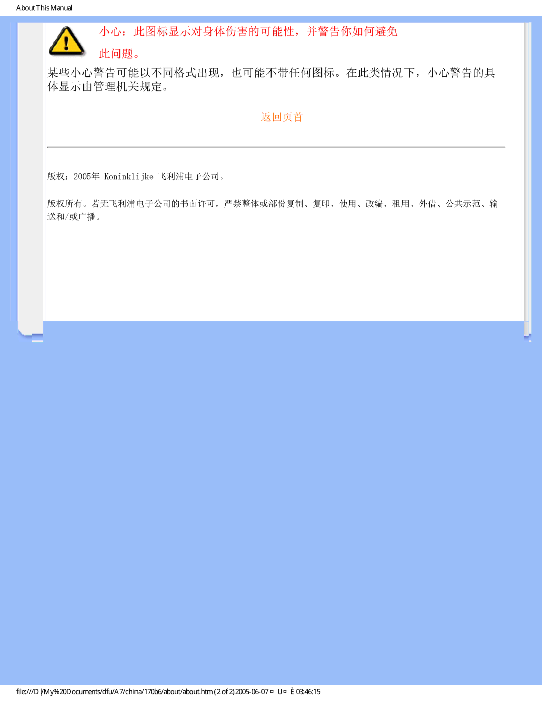 Philips 170B6 user manual 小心：此图标显示对身体伤害的可能性，并警告你如何避免 此问题。 