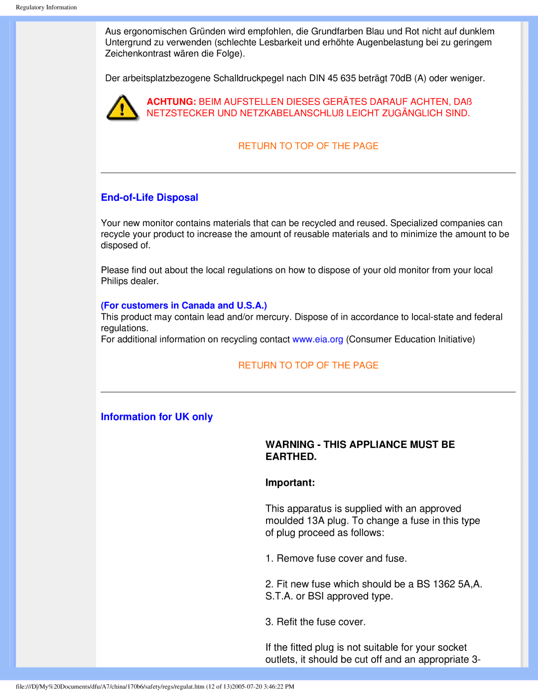 Philips 170B6 user manual End-of-Life Disposal, Information for UK only 