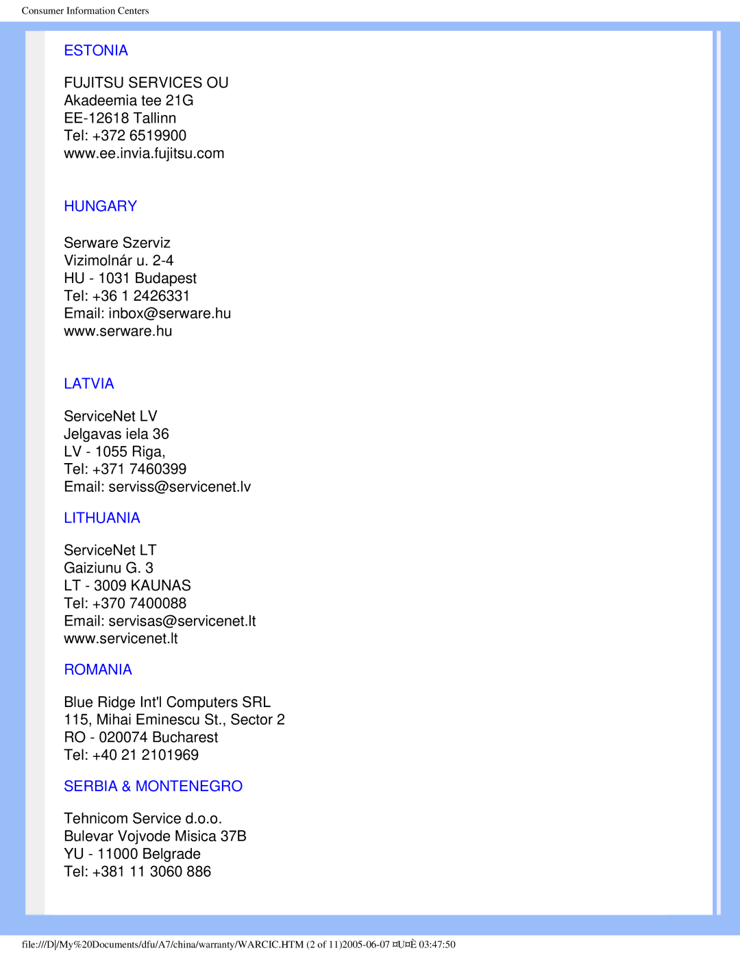 Philips 170B6 user manual Estonia, Hungary, Latvia, Lithuania, Romania, Serbia & Montenegro 