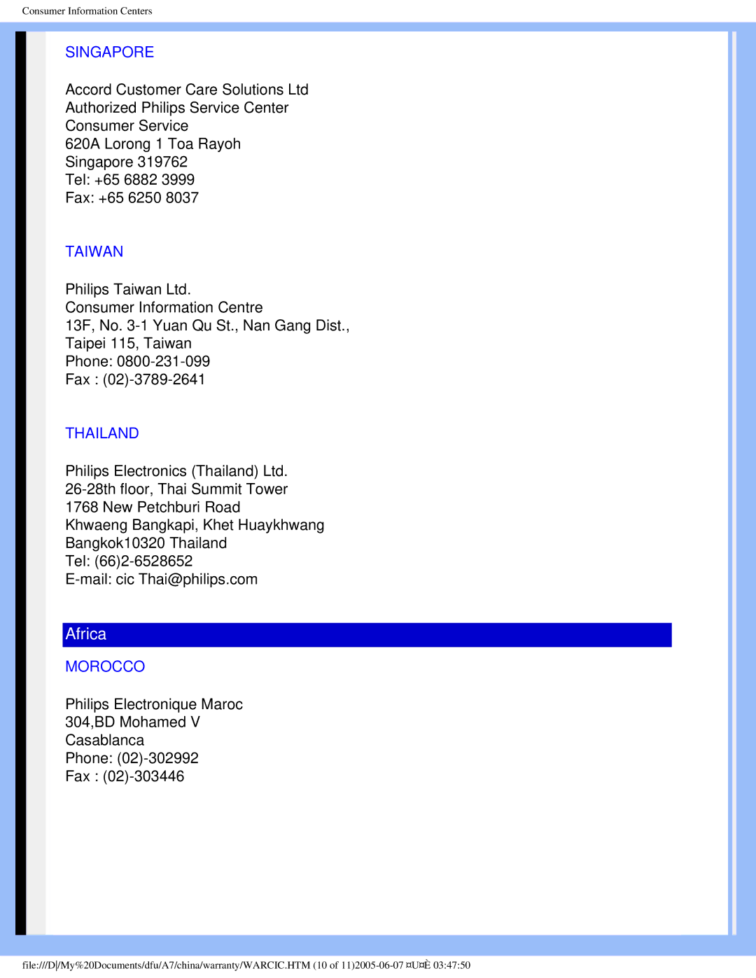 Philips 170B6 user manual Singapore, Taiwan, Thailand, Morocco 