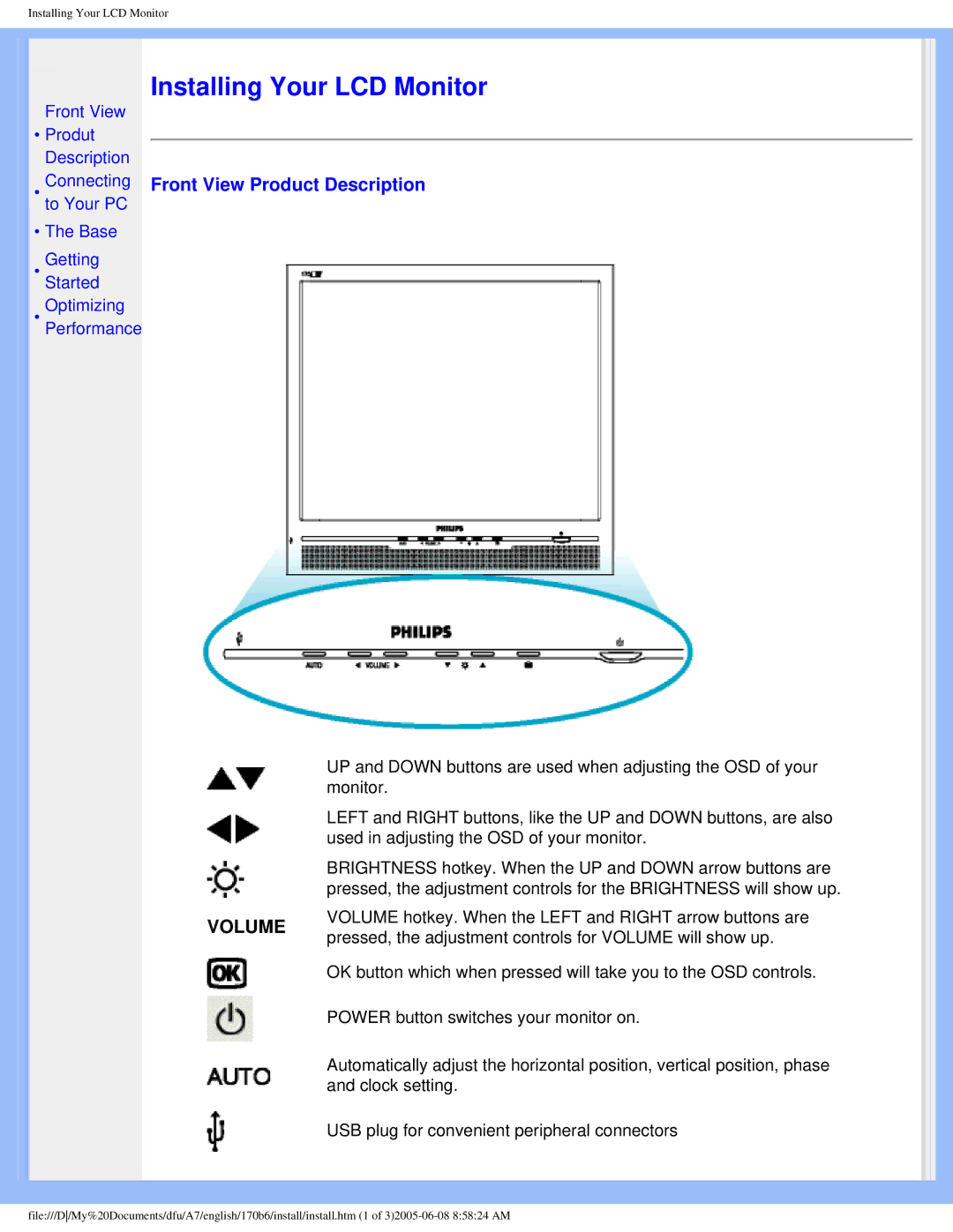 Philips 170B6 user manual Installing Your LCD Monitor, Front View Product Description 