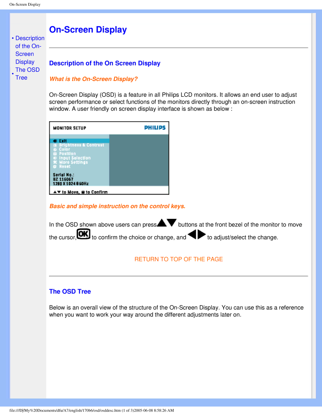 Philips 170B6 user manual Description of the On Screen Display, OSD Tree 