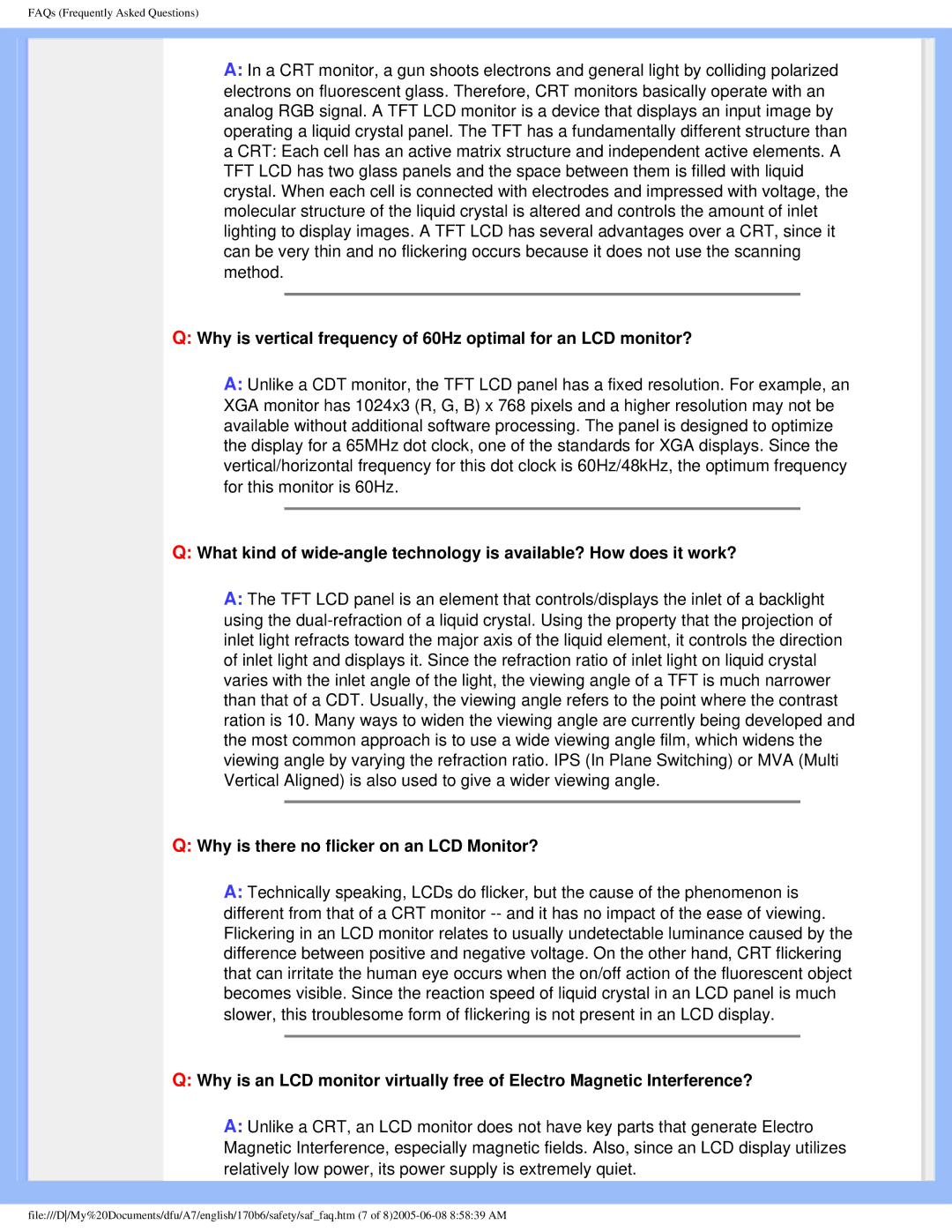 Philips 170B6 user manual Why is there no flicker on an LCD Monitor? 