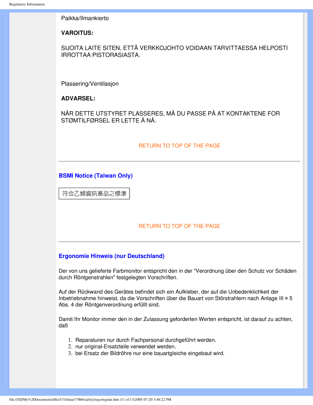 Philips 170B6 user manual Bsmi Notice Taiwan Only, Ergonomie Hinweis nur Deutschland 