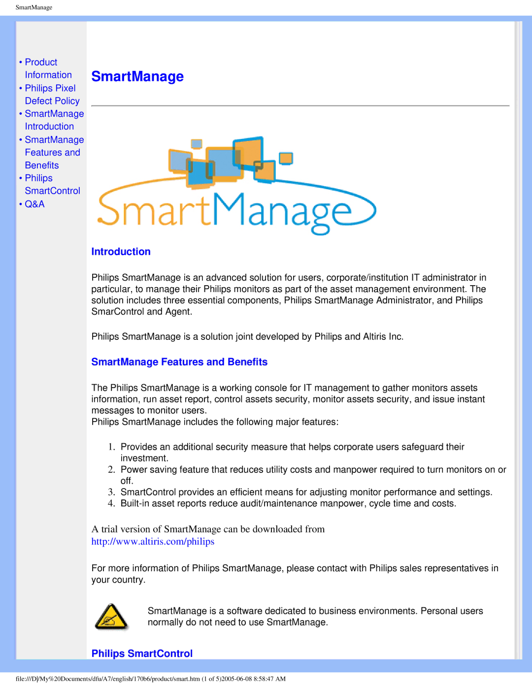 Philips 170B6 user manual Introduction, SmartManage Features and Benefits, Philips SmartControl 