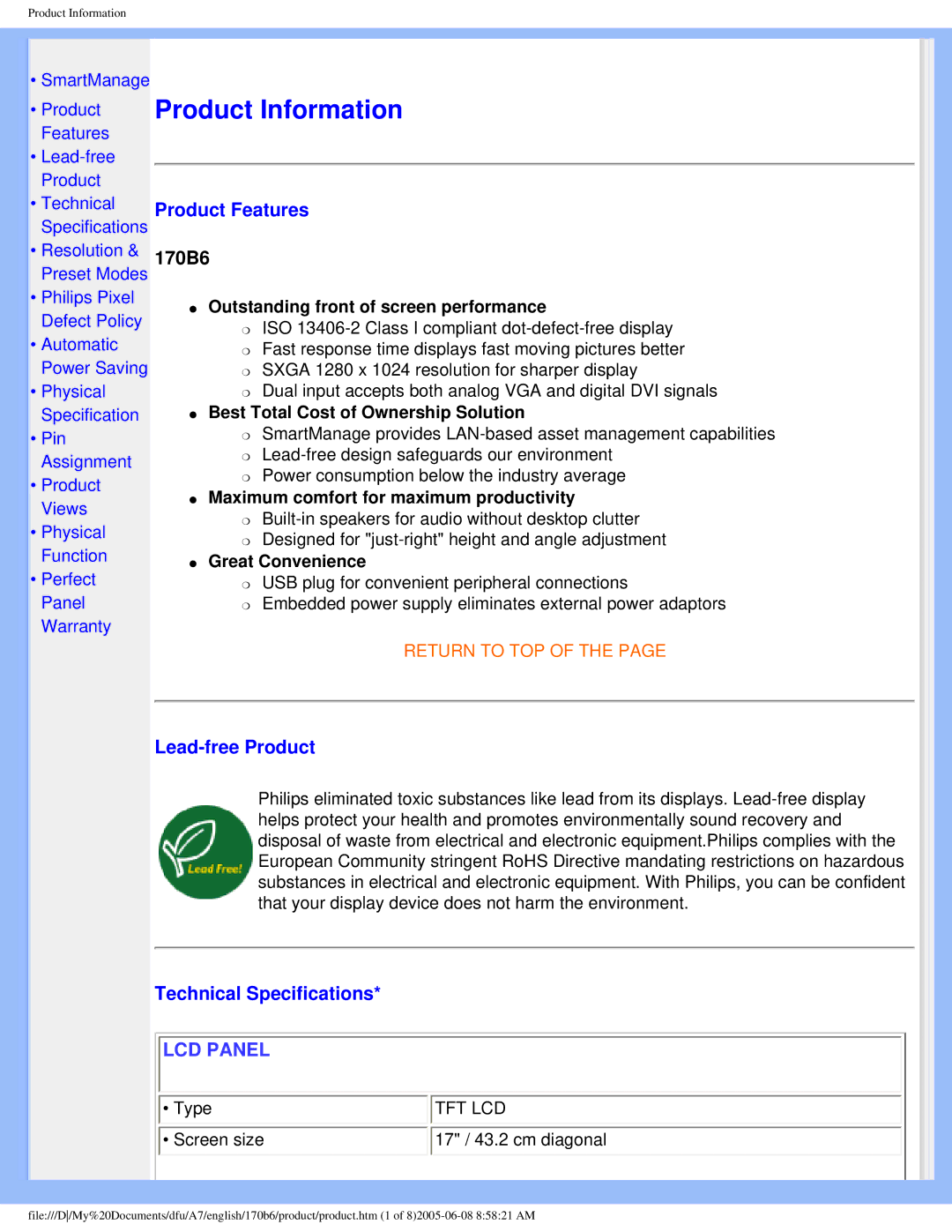Philips 170B6 user manual Product Features, Lead-free Product, Technical Specifications 