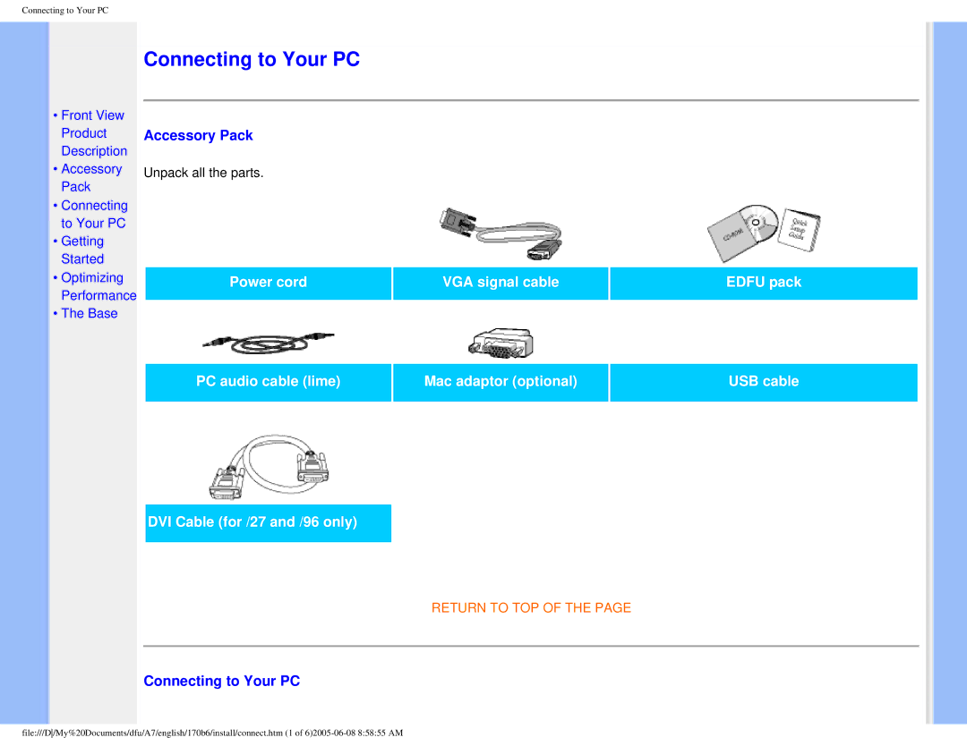 Philips 170B6 user manual Accessory Pack, Connecting to Your PC 