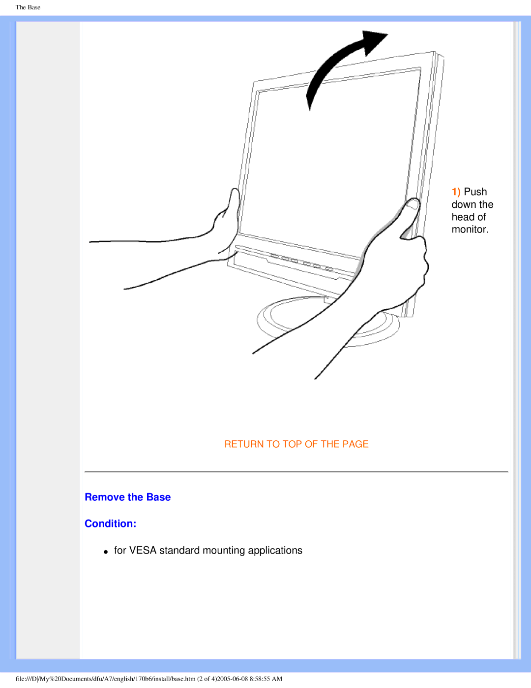 Philips 170B6 user manual Remove the Base Condition, For Vesa standard mounting applications 